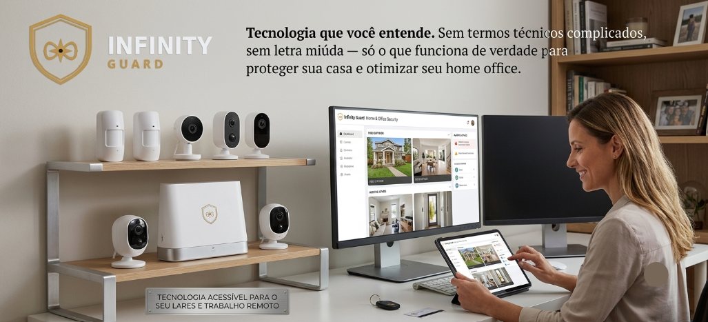 Câmeras Infinity Guard na estante e mulher acompanhando as imagens da casa pelo computador e pelo tablet